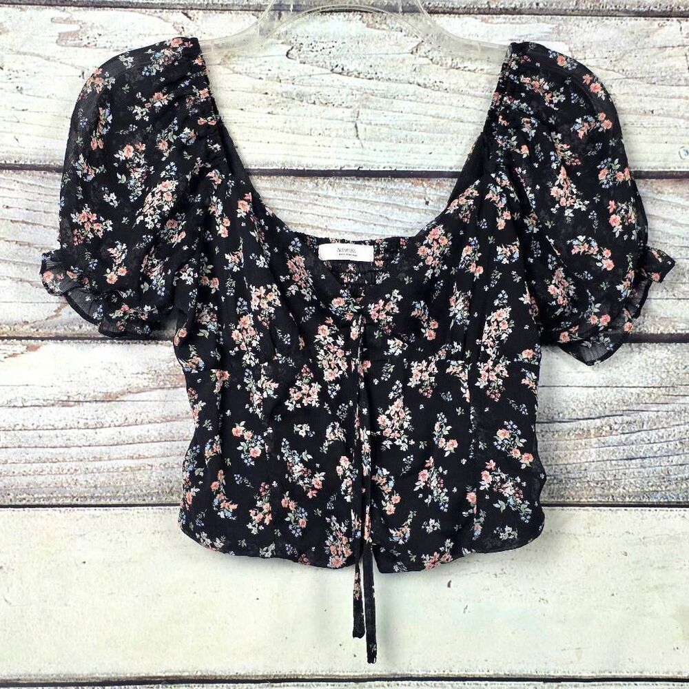 Active USA Black Floral Smocked Puff Sleeve Top Women’s L